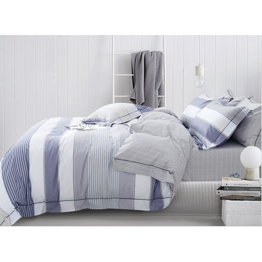 Wilhelm Blue‎ Striped 100% Cotton Reversible Comforter Set King 3 Piece